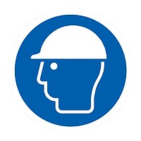 Rond blauw gebodsbord met een wit hoofd met veiligheidshelm